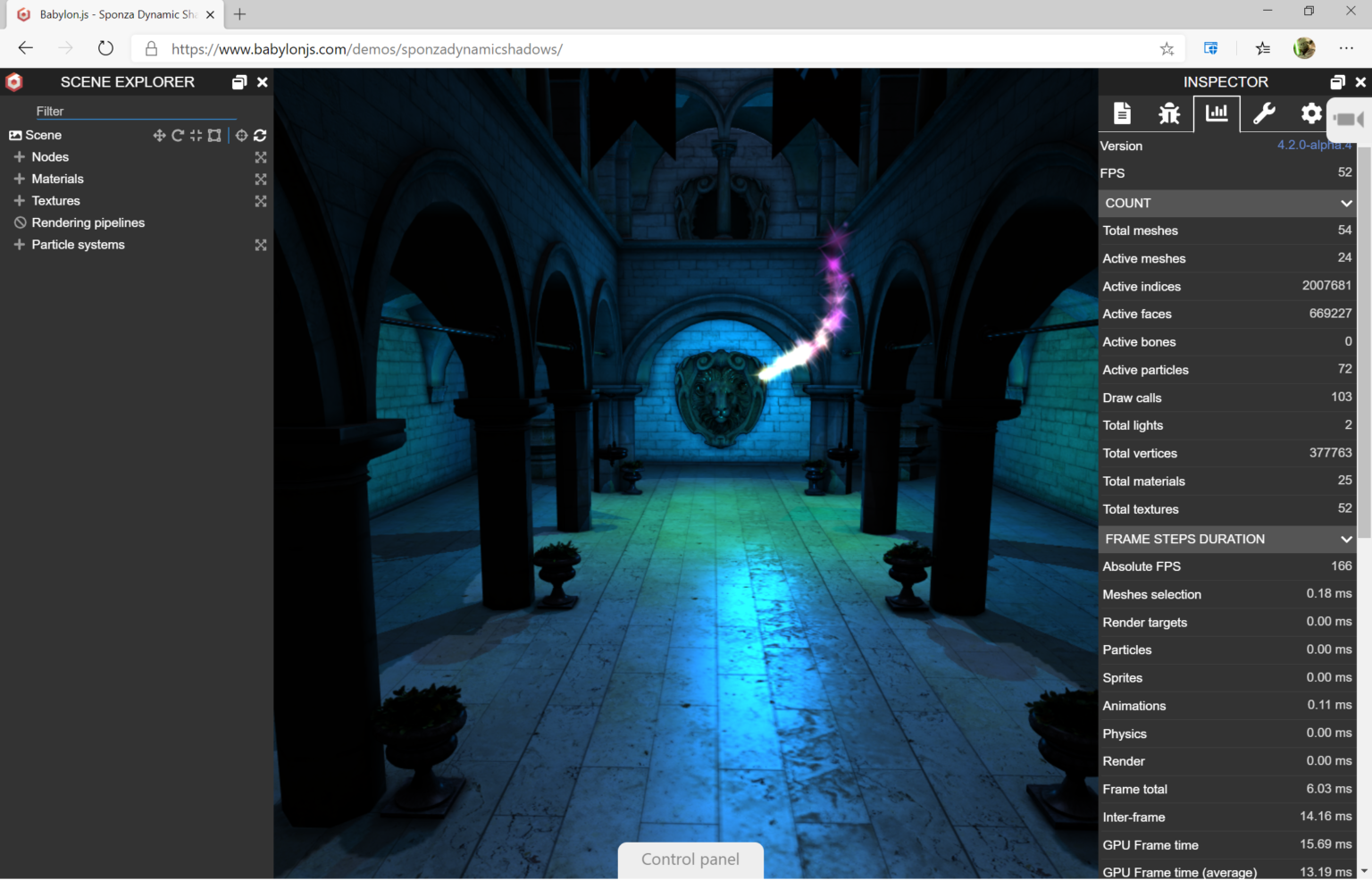 Copie d'écran de l'outil d'inspection du moteur 3D WebGL Babylon.js